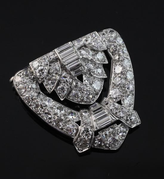 An Art Deco style white gold and diamond brooch, 1.25in.